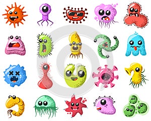 Funny and cute virus, bacteria, germ cartoon character set. Microbe and pathogen microorganism isolated on white background. photo